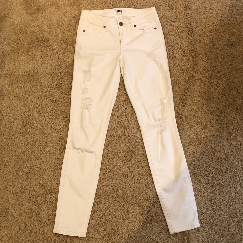 White distressed skinny Paige jeans